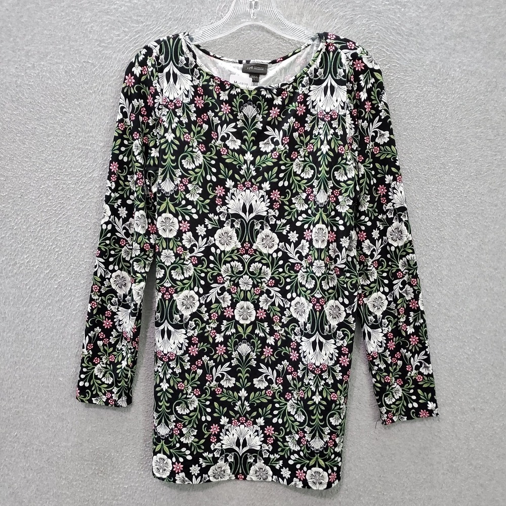J Jill Women Top Medium Green Floral Tunic Shirt Wearever Collection